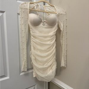 Princess Polly - Elegant Cream Ruched Dress with Pearl Detailing -NWOT